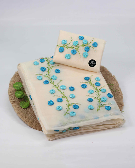 Cream Kota Saree with Ribbon Work & Bead Embellishment – Alika Fashion Store