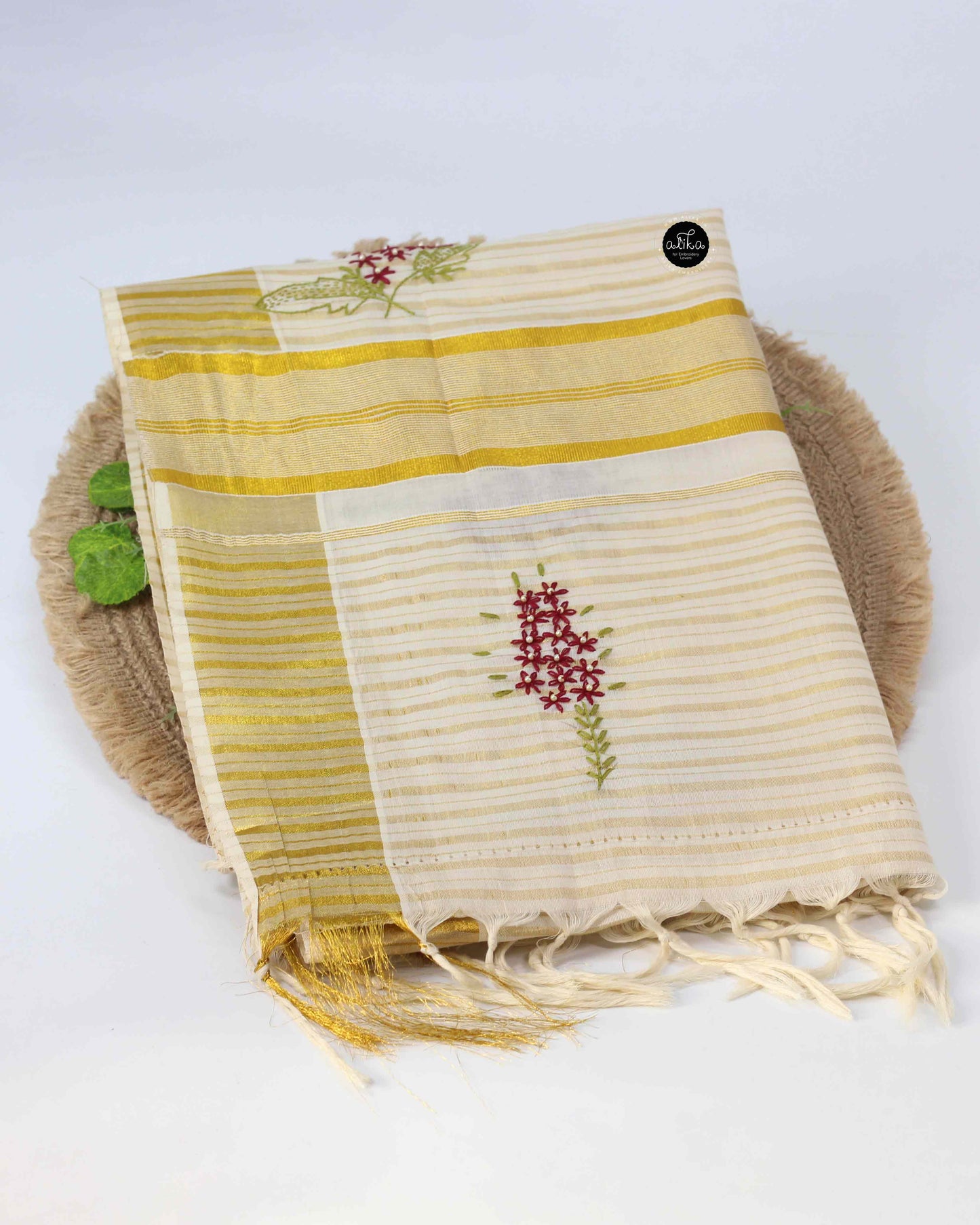 Kerala Cotton Saree with Lazy Daisy and Bead Embroidery