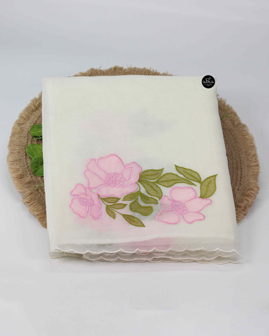 Off White Kota Saree with Pink Applique Embroidery