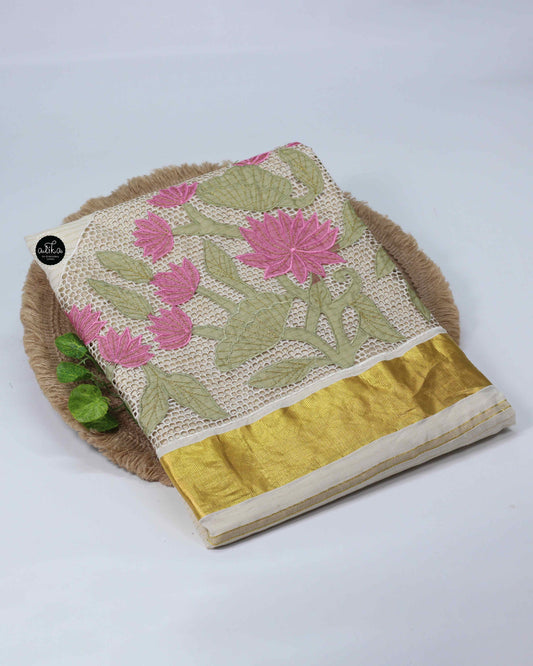 Striped Kavani Saree with Lotus Appliqué Border & Triangle Pattern Pallu – Alika Fashion Store