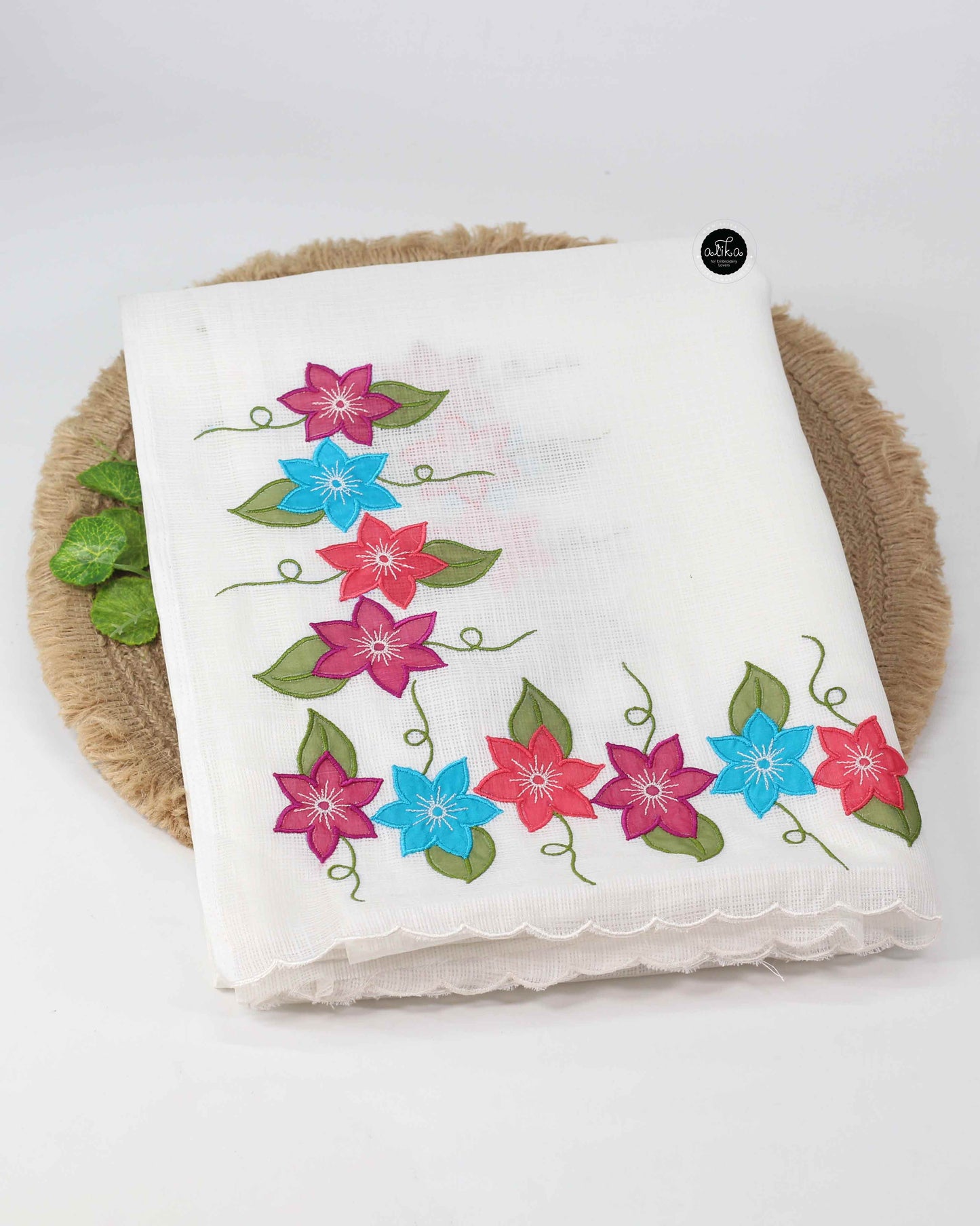 White Kota Saree with Floral Applique Work