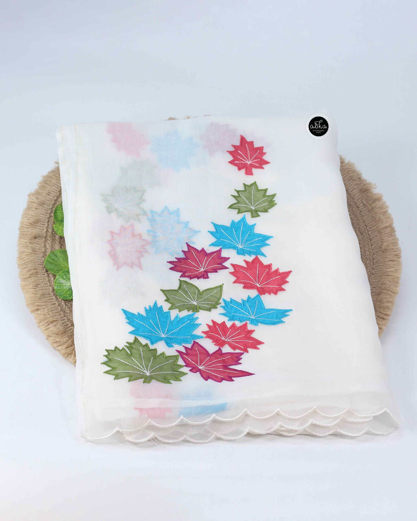 White Organza Saree with Multicolour Applique work