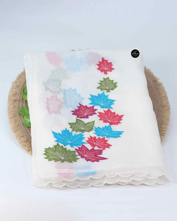 White Organza Saree with Multicolour Applique work
