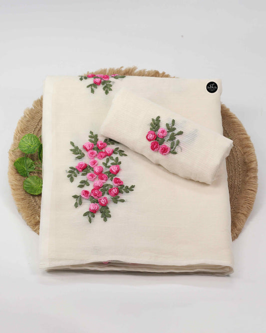 Off White Kota Saree with Floral Hand Embroidery