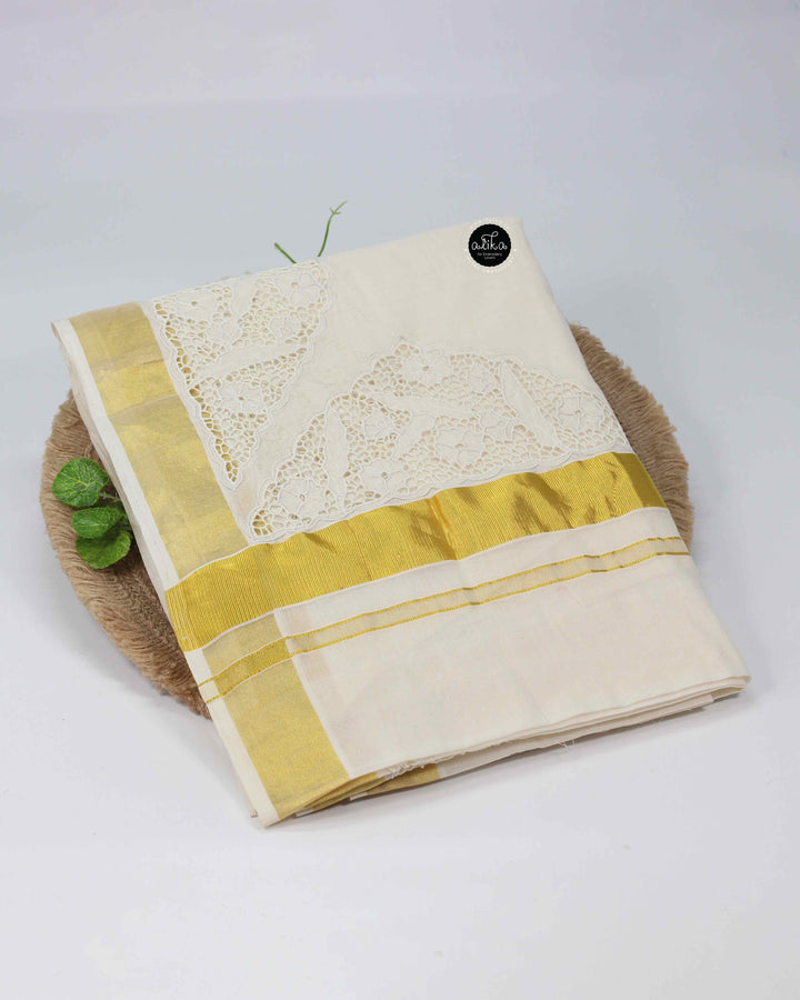 Pure Kerala Kasavu Saree with Intricate Twine Cutwork