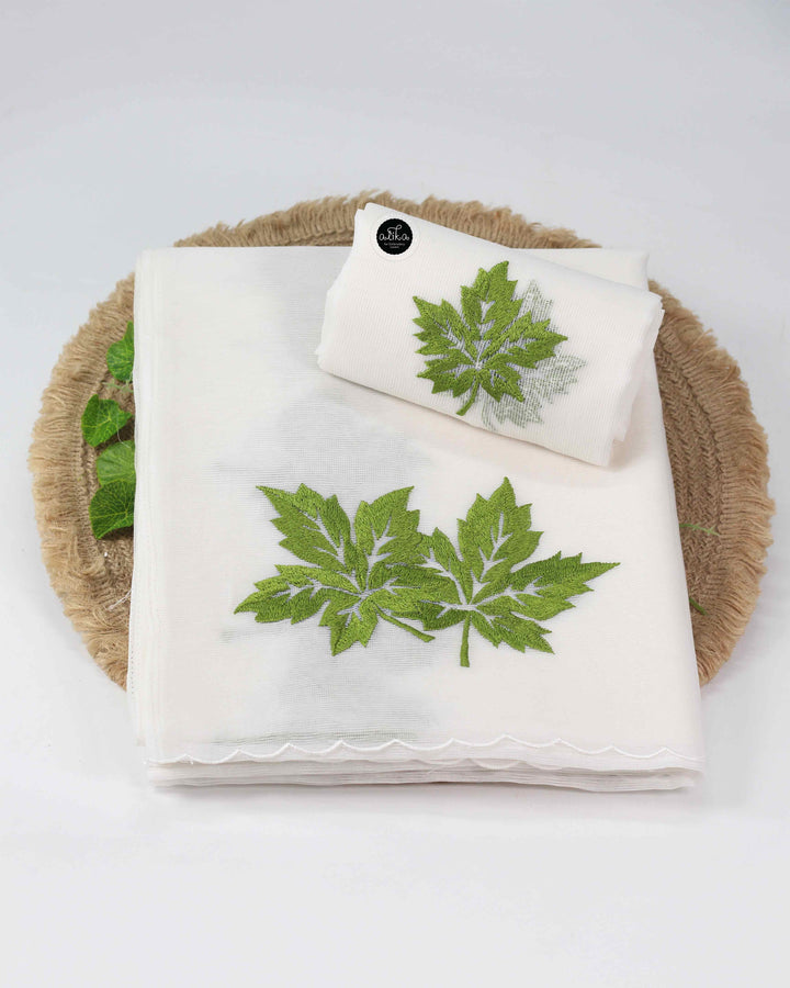 White Kota Saree with Green maple Leaf Embroidery