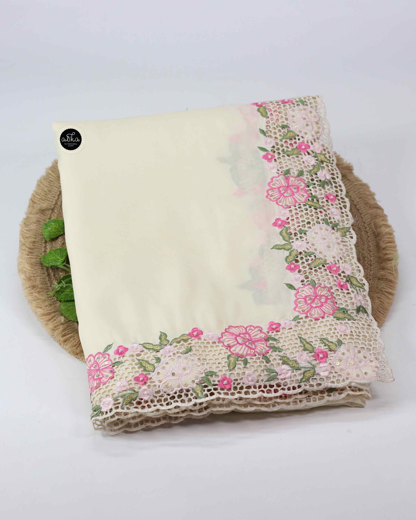 Cream Semi Silk Saree with Pink Floral Sequin Cutwork Border