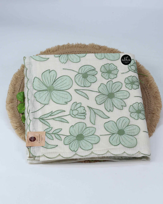 Off White Kota Saree with Floral Applique Work