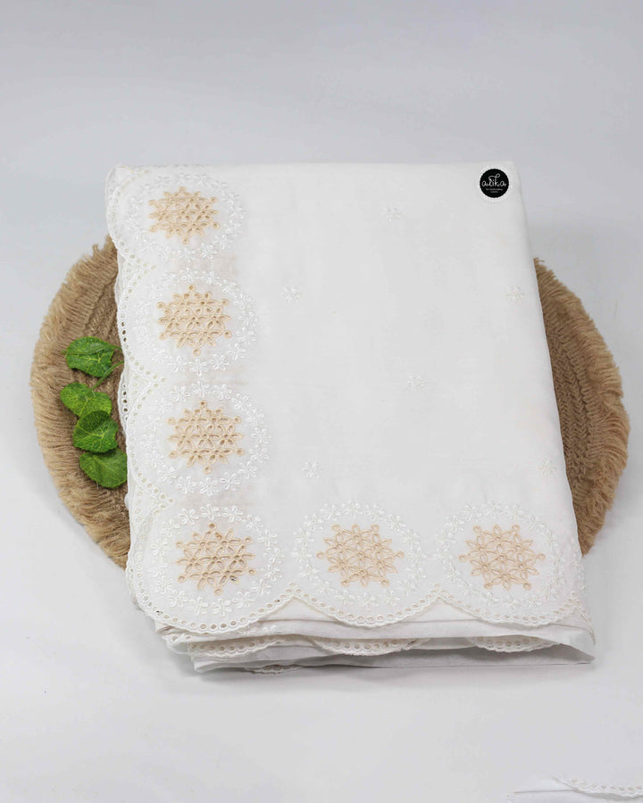 White Semi Silk Saree with Floral Full Border Cutwork