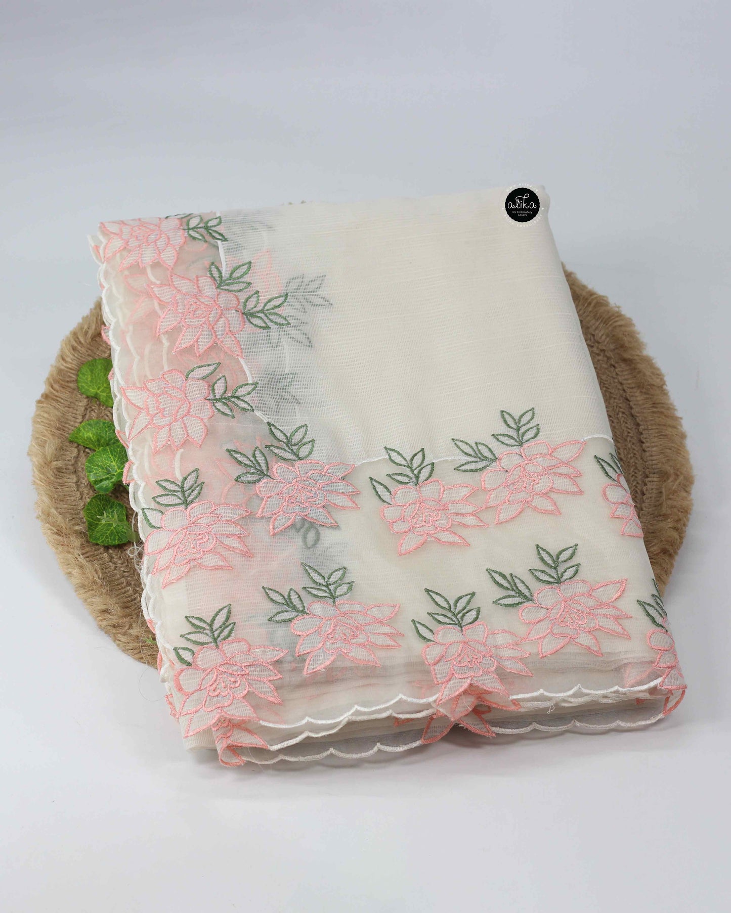 Off White Kota Saree with Floral Organza Applique Embroidery