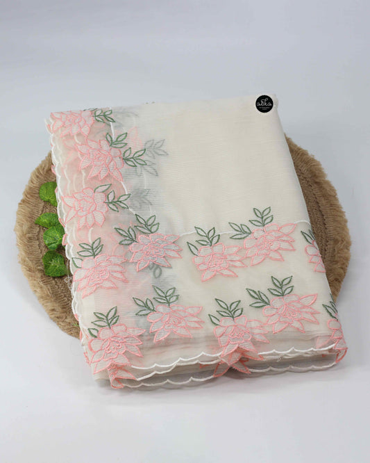Off White Kota Saree with Floral Organza Applique Embroidery