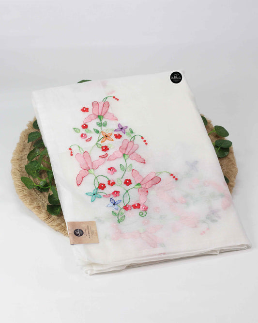 White Kota Saree with Shadow Embroidery