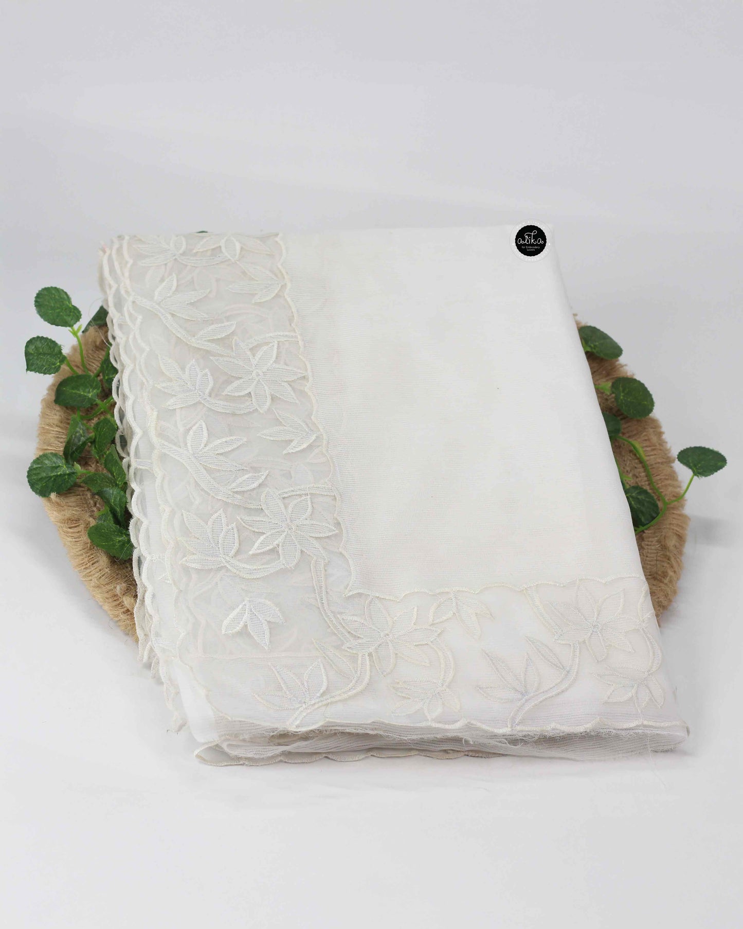Pure White Kota Saree with Floral Net Applique Border
