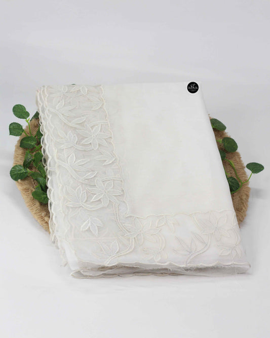 Pure White Kota Saree with Floral Net Applique Border