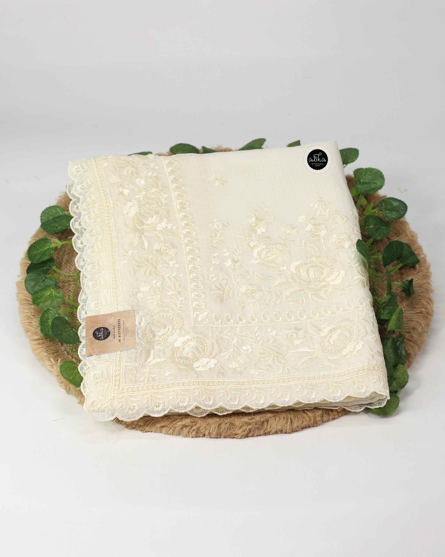 White Kota Saree with Floral Machine Embroidery