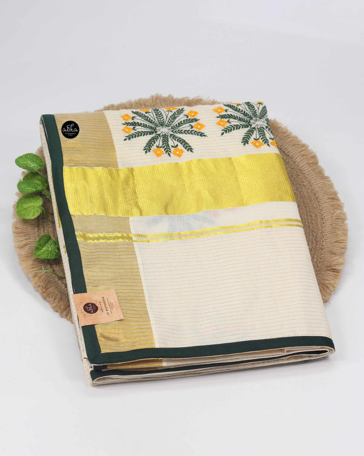 Kerala Kasavu Saree with Machine Embroidery