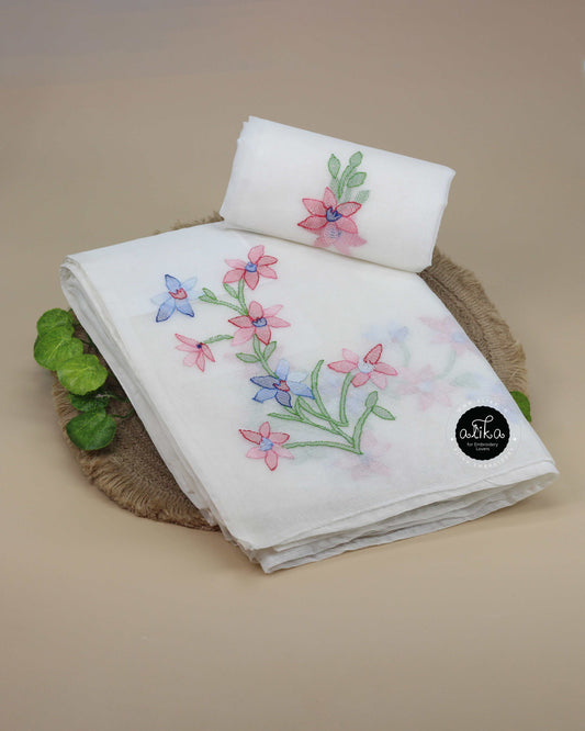 White Kota Saree with Shadow Work & Hand Embroidered Florals – Alika Fashion Store