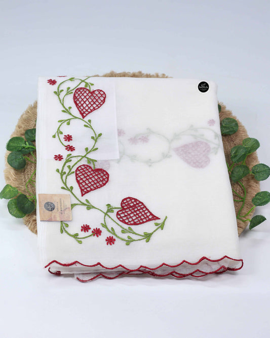 White Kota Saree with Floral Machine and Cutwork Embroidery