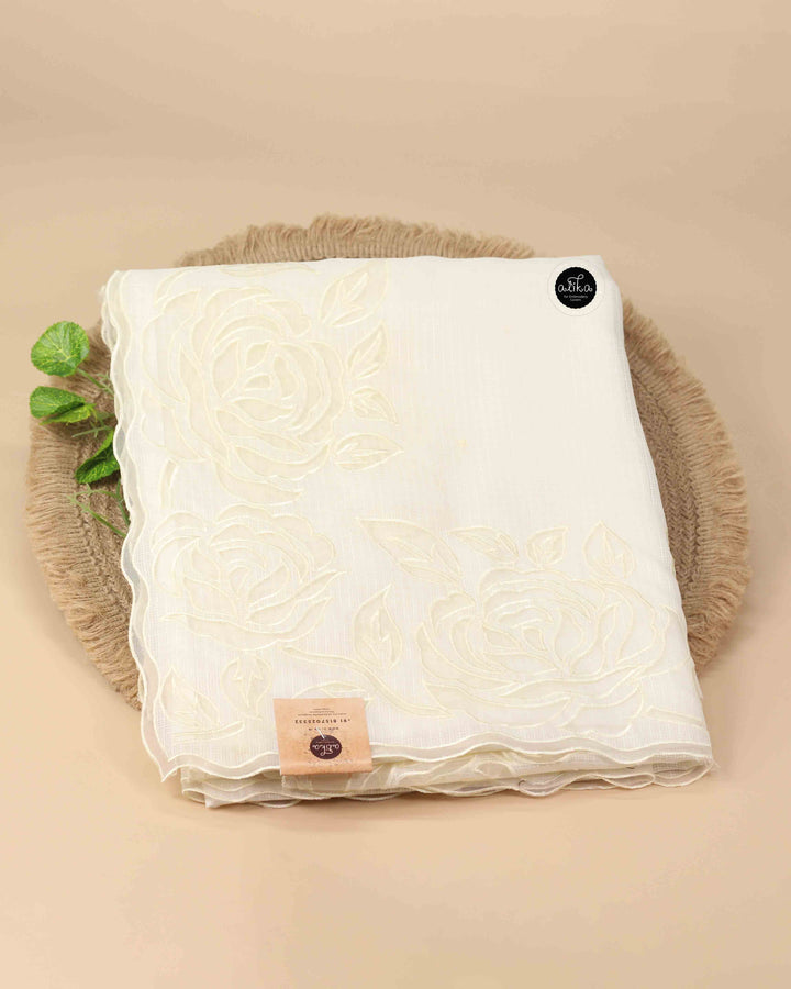 Off white Silky Kota Saree with Floral Applique Border