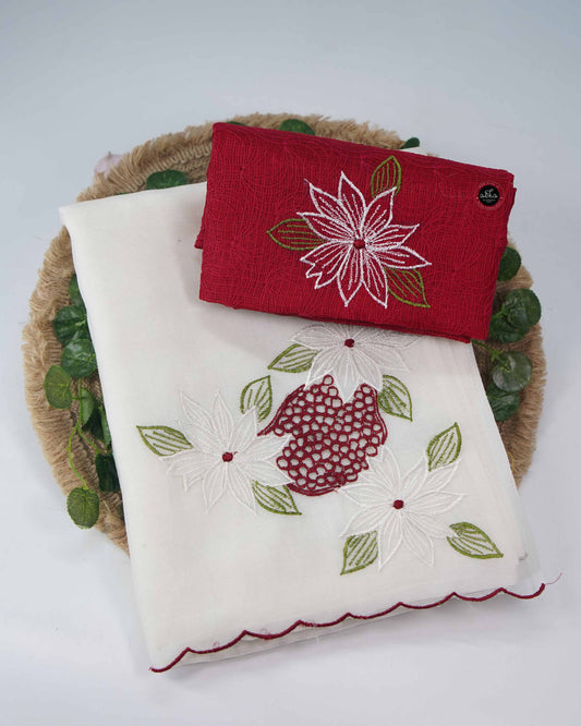 Off White Kota Saree with Floral Cutwork Embroidery