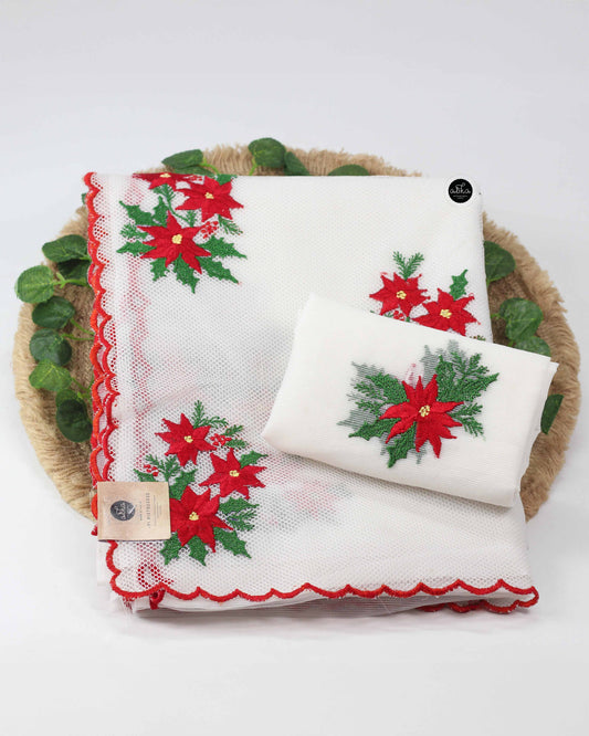 White Kota Saree with Red Floral Machine Embroidery