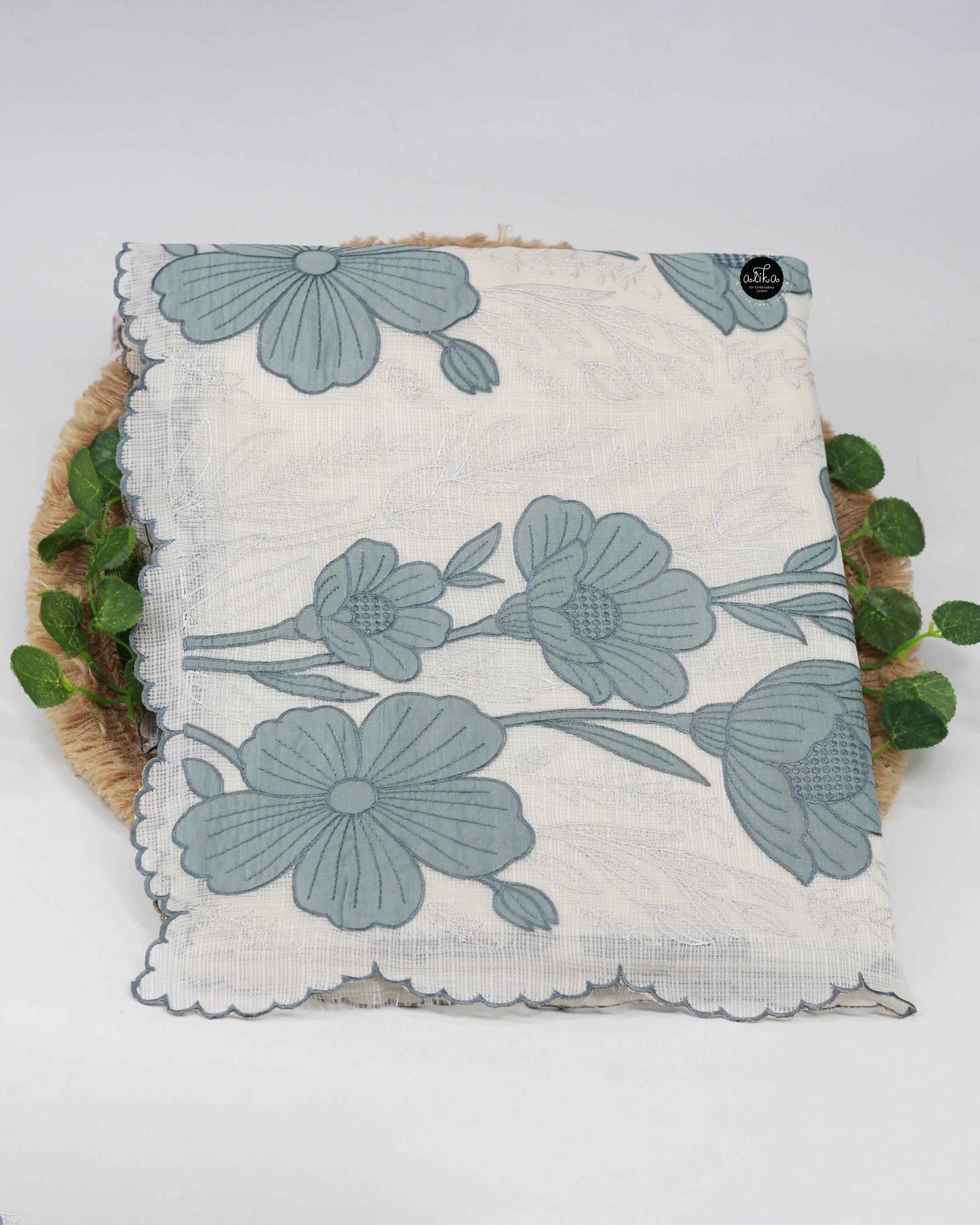 Off-White Kota Saree with Gray Floral Appliqué – Elegant Designer Wear