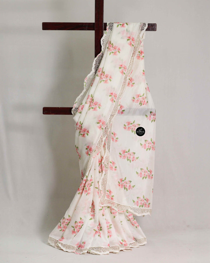 Off White Viscose Organza Saree with Bougainvillea Prints and Cutwork Border
