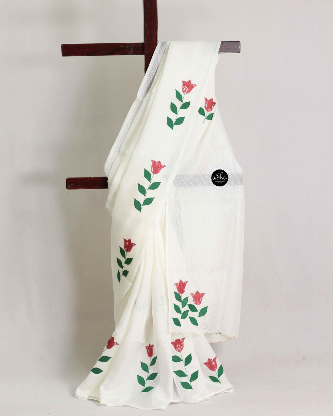 Off White Silky Kota Saree with Floral Appliqué Work