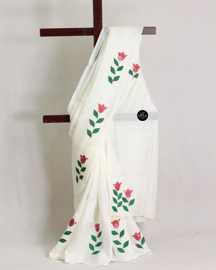 Off White Silky Kota Saree with Floral Appliqué Work