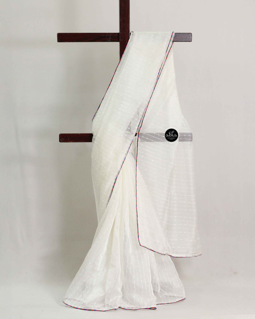 White Sequinned Organza Saree with Floral Hand Embroidery