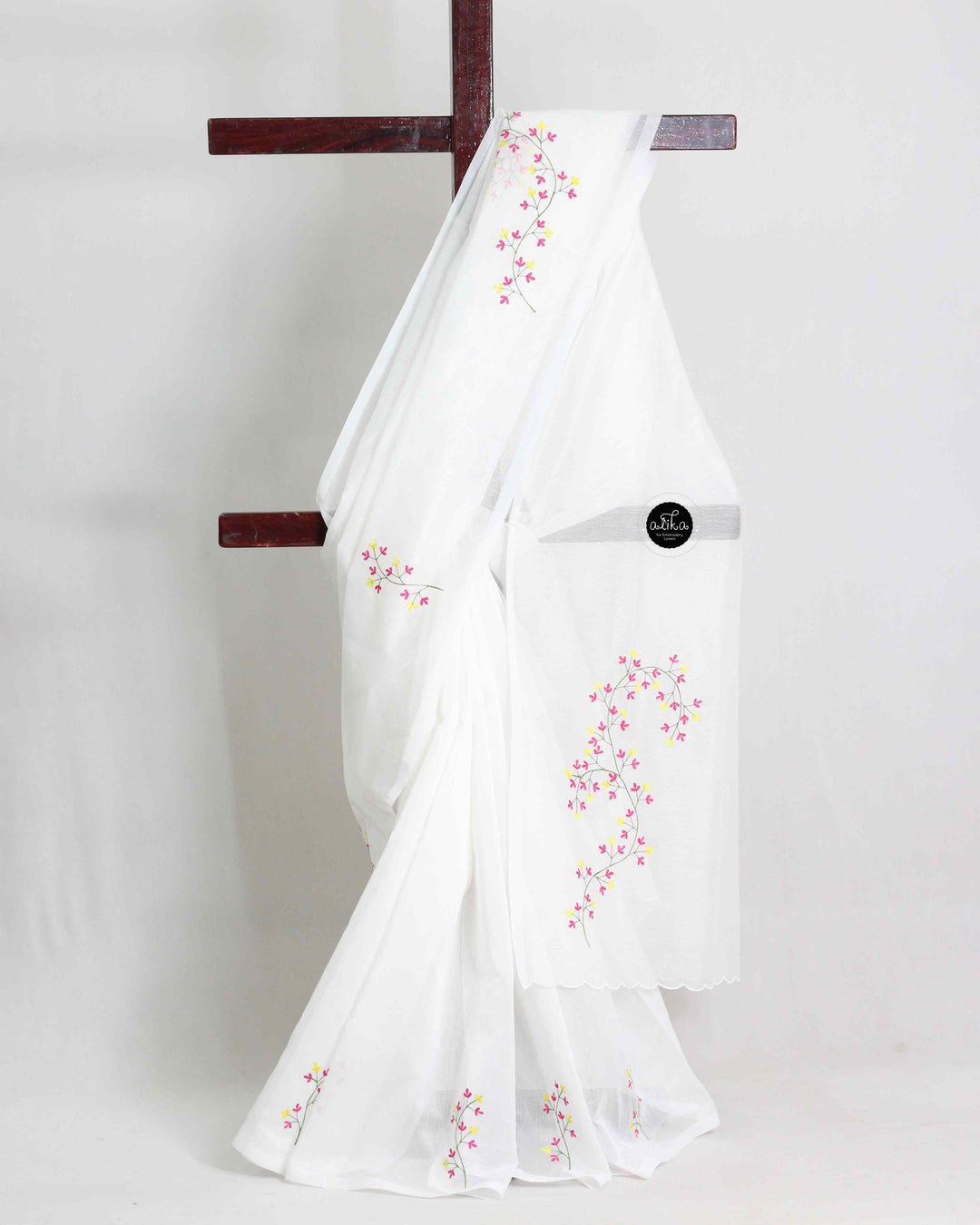 White Kota Saree with Floral Machine Embroidery
