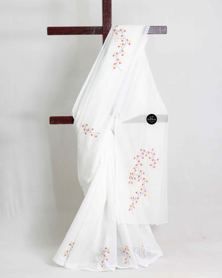 White Kota Saree with Floral Machine Embroidery