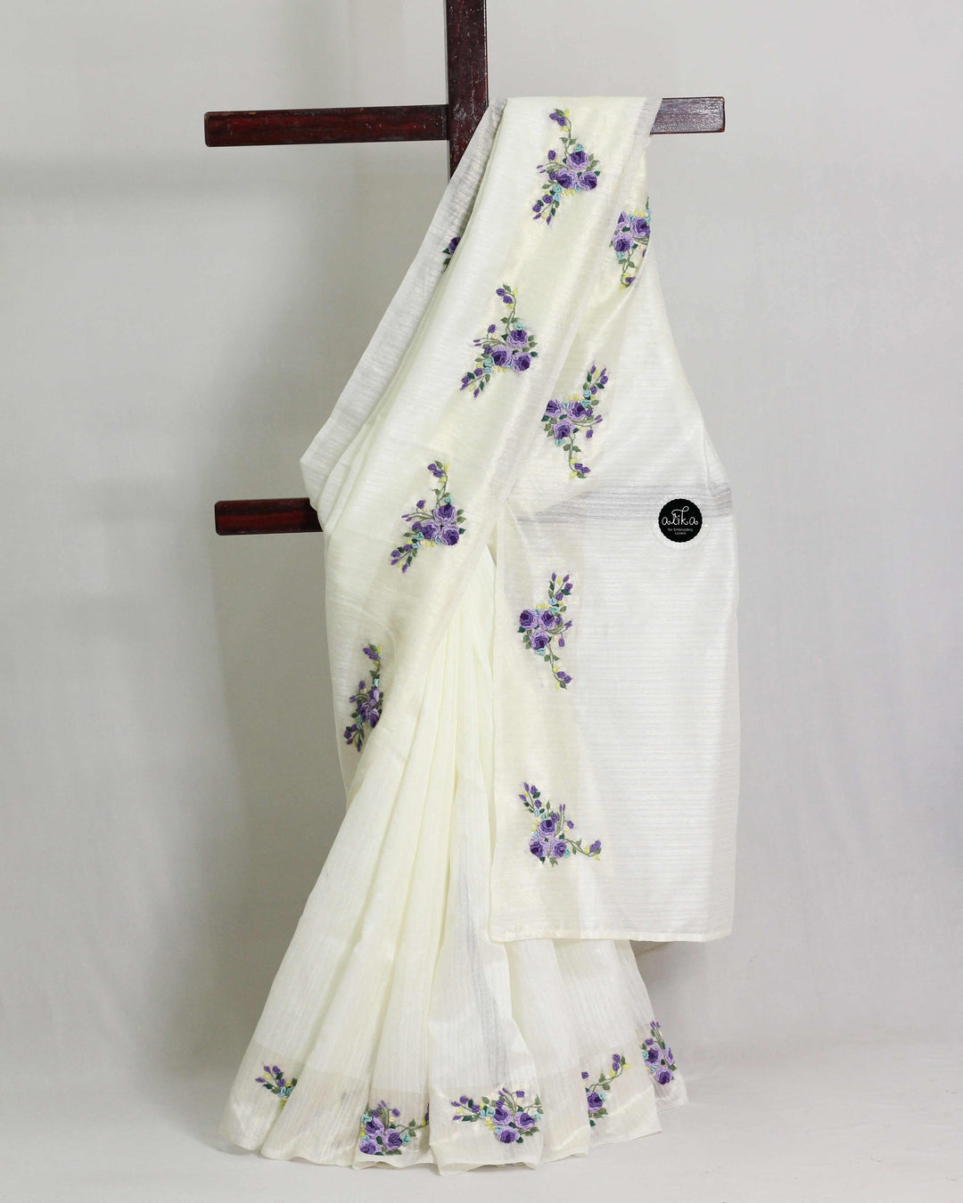 Cream Semi Silk Saree with Floral Hand Embroidery