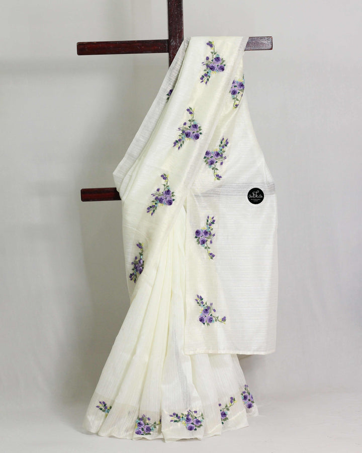 Cream Semi Silk Saree with Floral Hand Embroidery