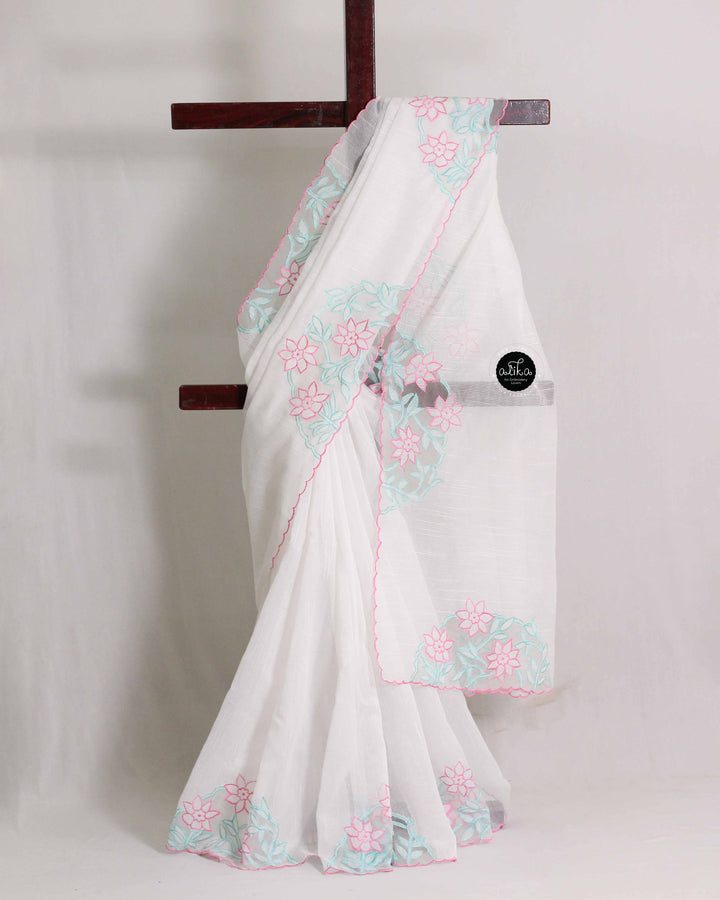 White Kota Saree with Floral Organza Appliqué Work