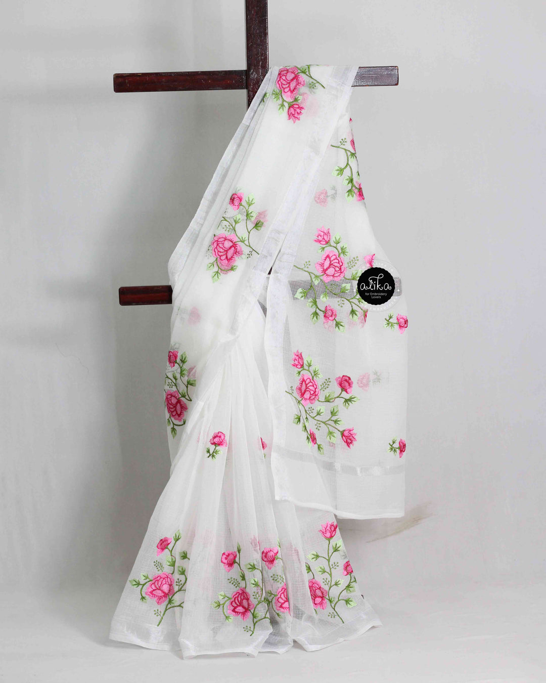White Silky Kota Saree with Floral Machine Embroidery