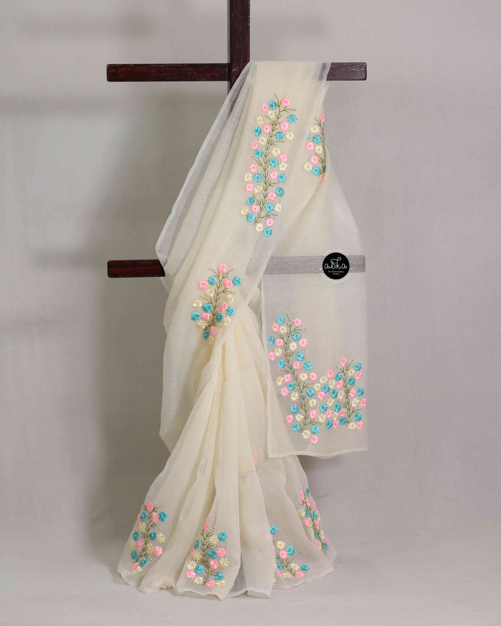 Ivory Kota Saree with Floral Ribbon Embroidery