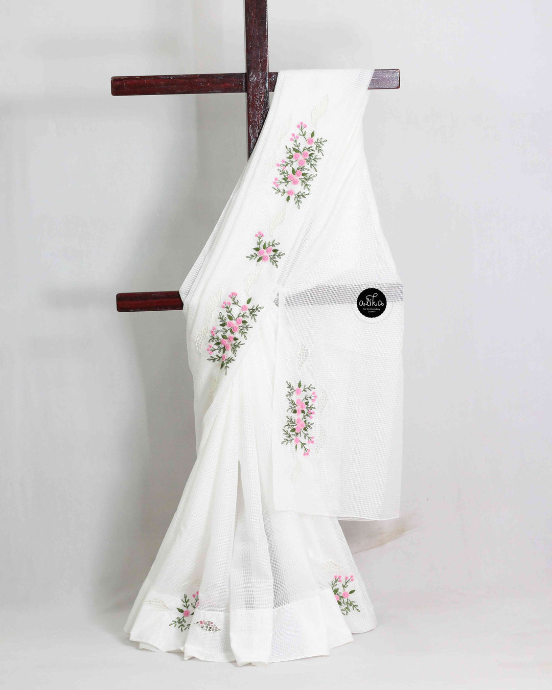 Pure White Bhagalpuri Silk Saree with Floral Hand Embroidery &amp;Cutwork