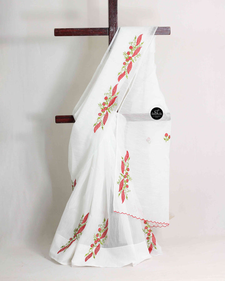 White Kota Saree with Floral Machine Embroidery &amp; Cutwork