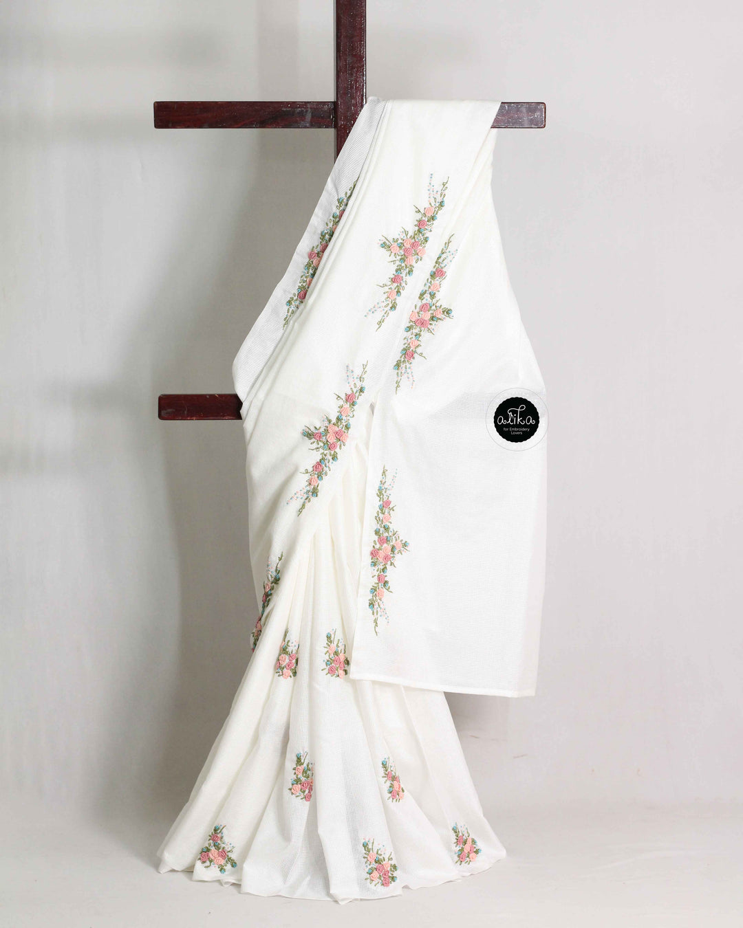 White Bagalpuri Silk Saree with Floral Hand Embroidery
