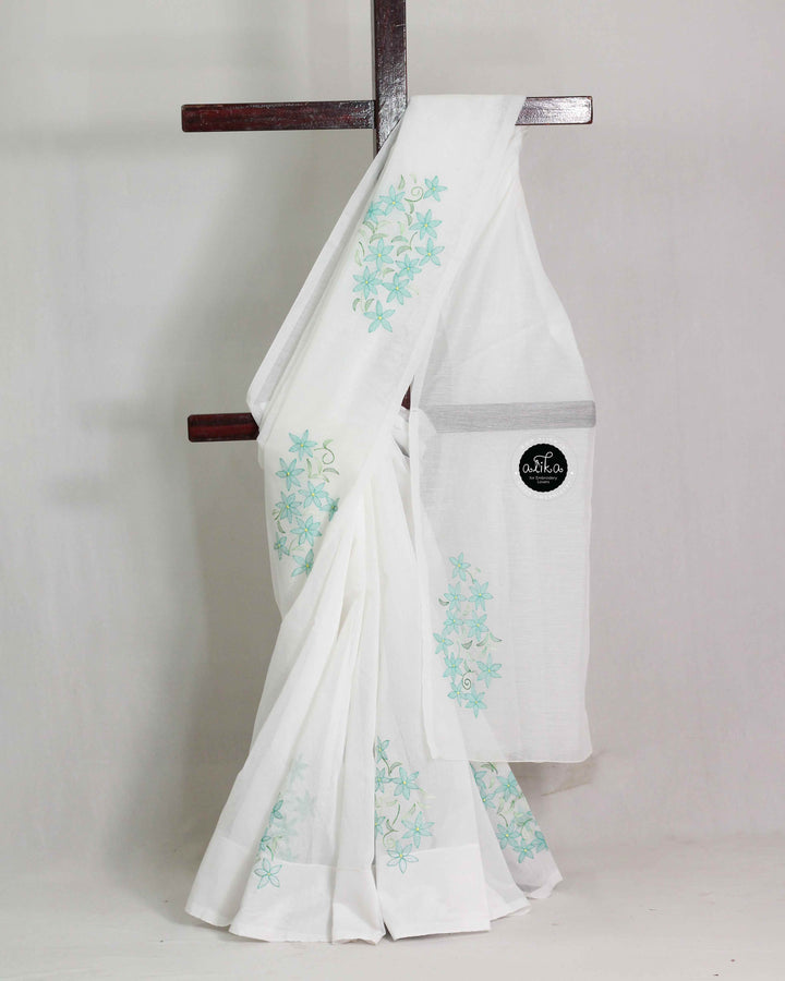 White Kota Saree with Floral Shadow Work