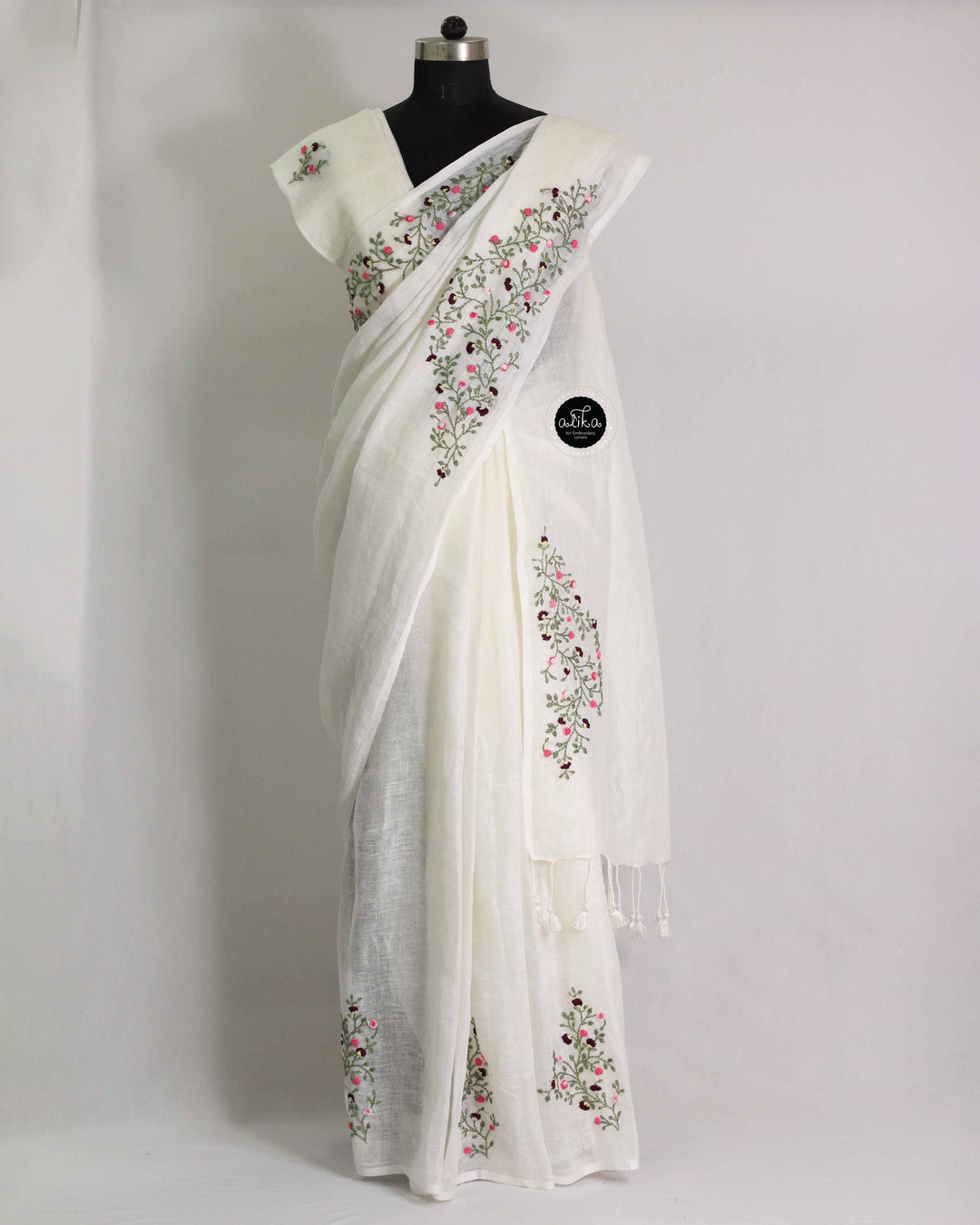 Off White Pure Linen Saree with Floral Hand Embroidery