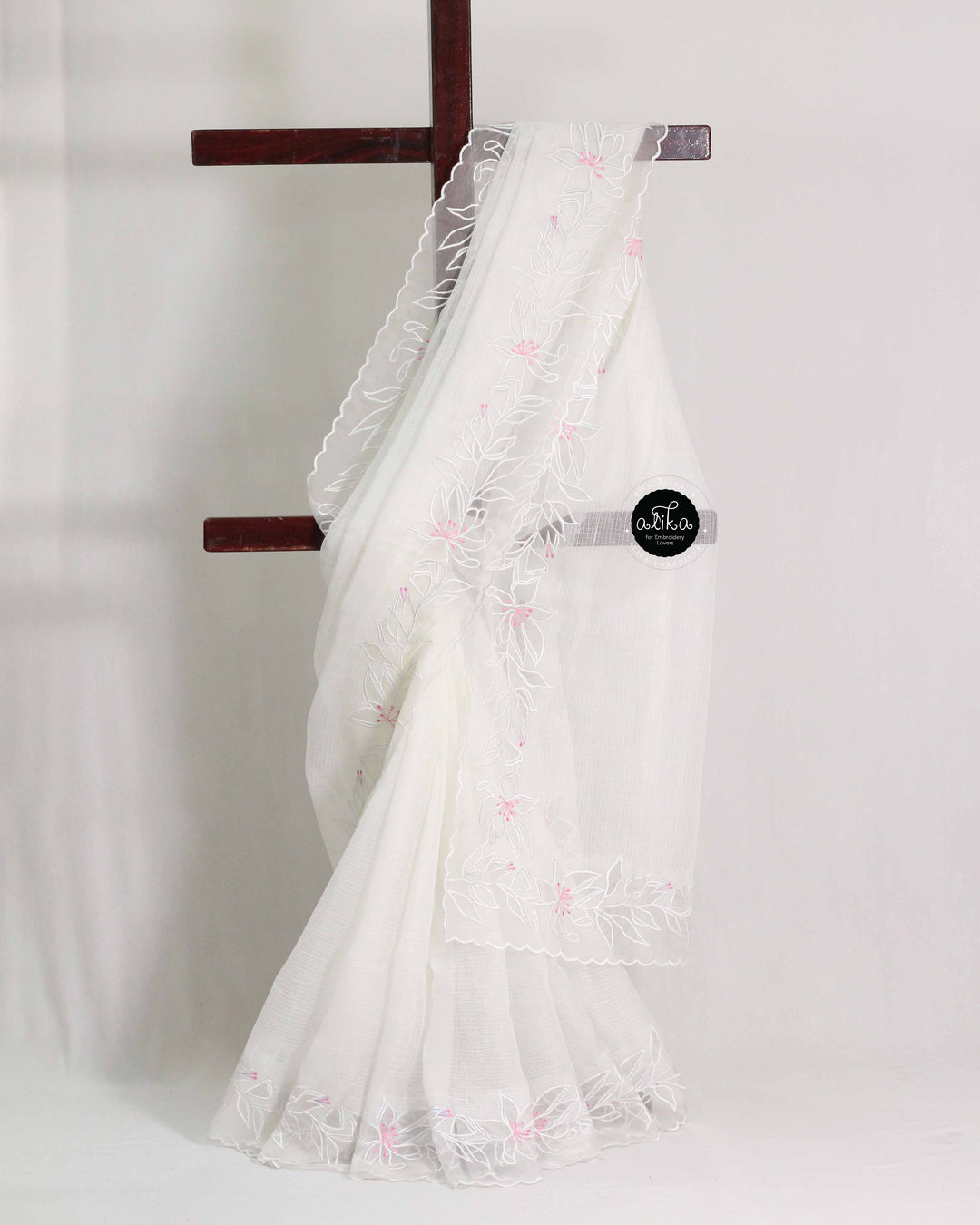 White Silky Kota Saree with Floral Appliqué Border