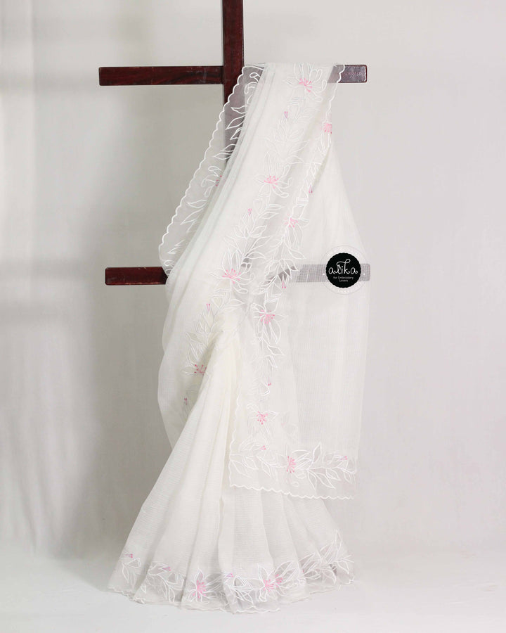 White Silky Kota Saree with Floral Appliqué Border