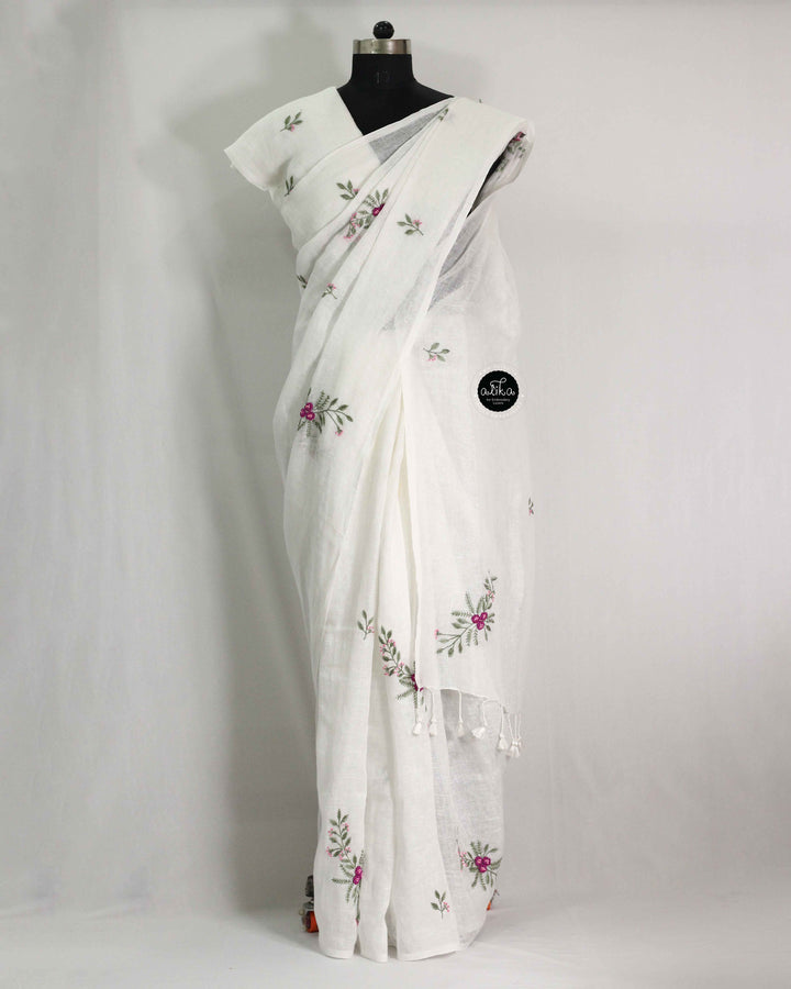 White Pure Linen Saree with Floral Embroidery