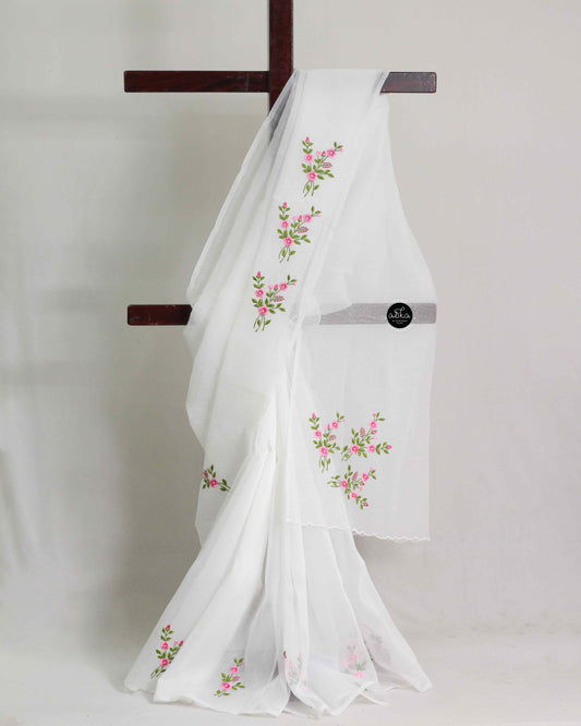 White Kota Doria Saree with Floral Machine Embroidery – Lightweight & Elegant