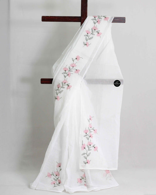White Stiff Cotton Saree with Floral Shadow Work – Elegant Wear