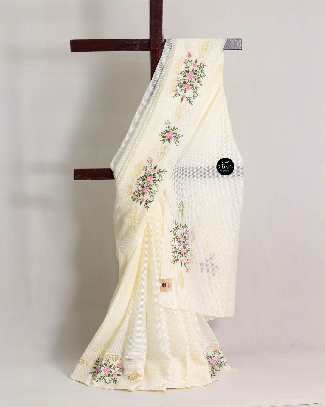 Cream Bagalpuri Silk Saree with Floral Hand Embroidery and Cutwork