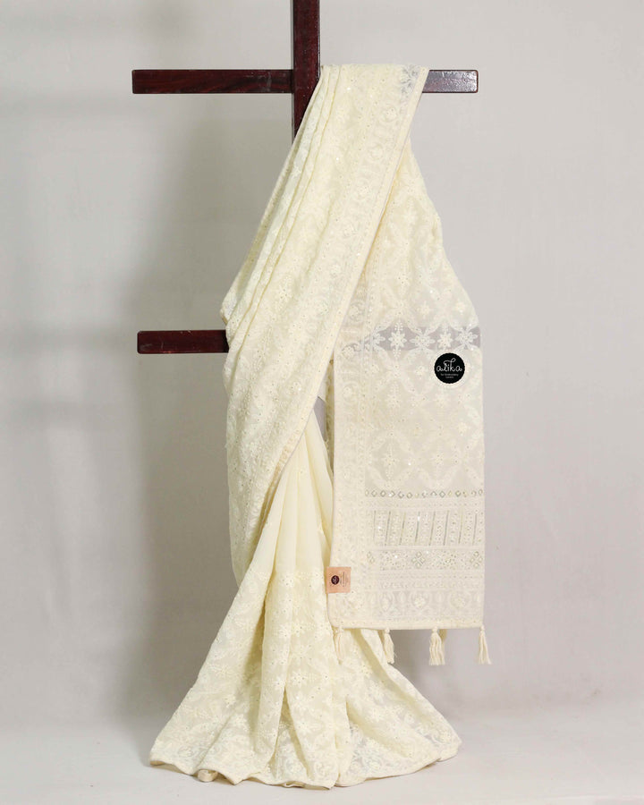 Cream Georgette Saree with Floral Machine Embroidery and Sequin Work