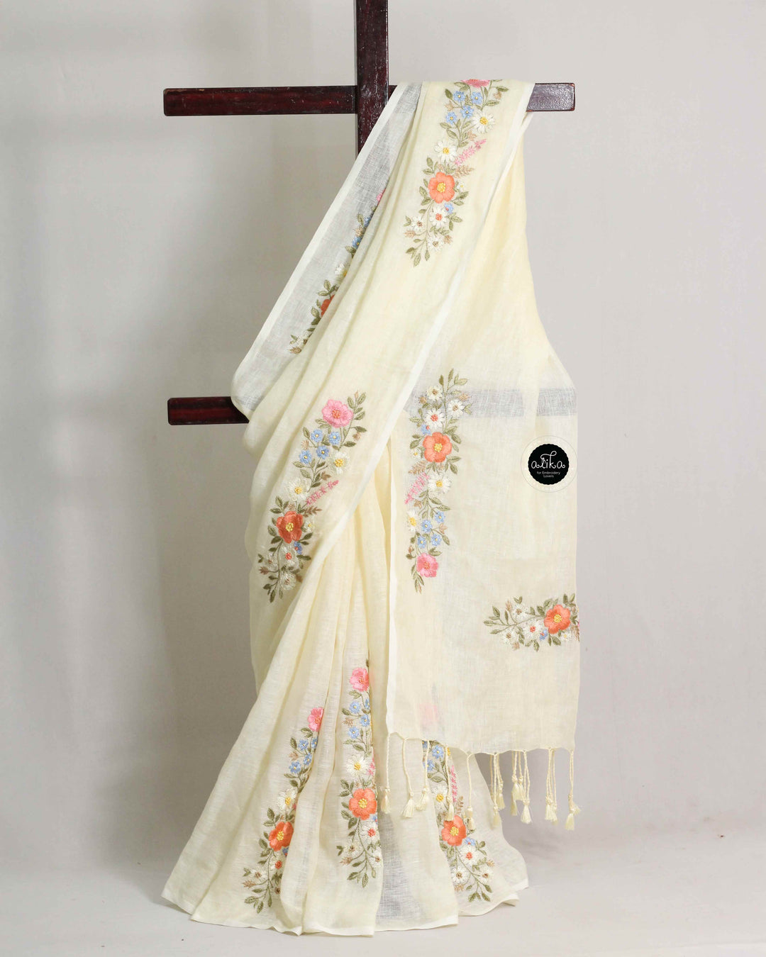Cream Pure Linen Saree with Multicolour Floral Embroidery